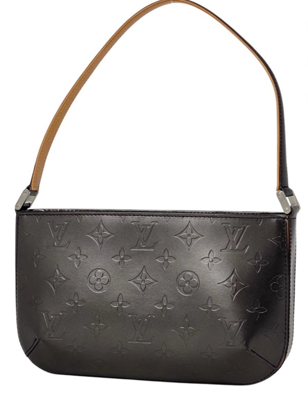 Louis Vuitton Black Monogram Embossed Shoulder Bag with Tan Strap